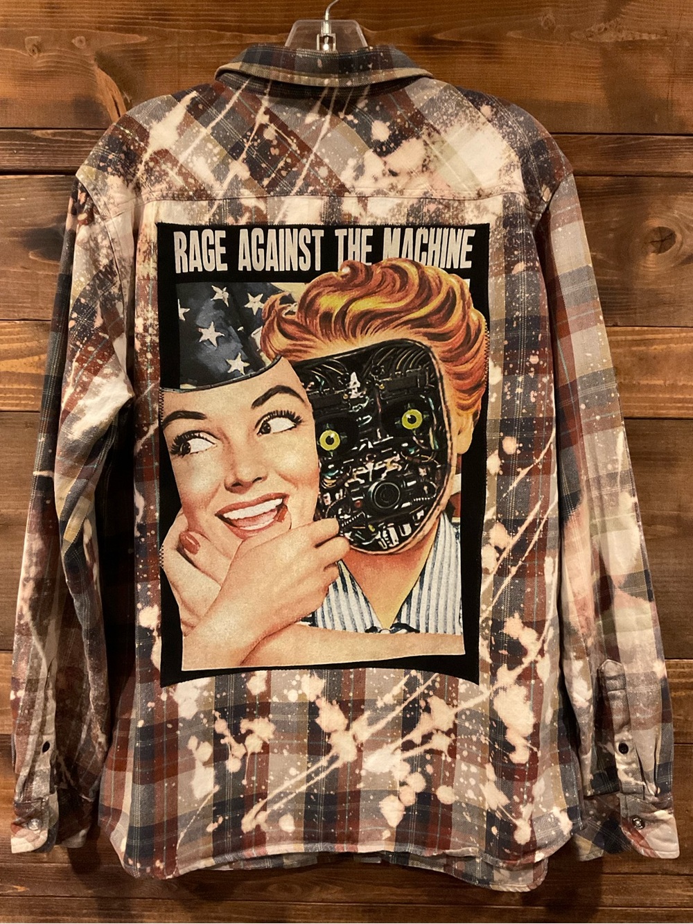 Rage Against The Machine Graphic Plaid Flannel Shirt - Brown/Blue